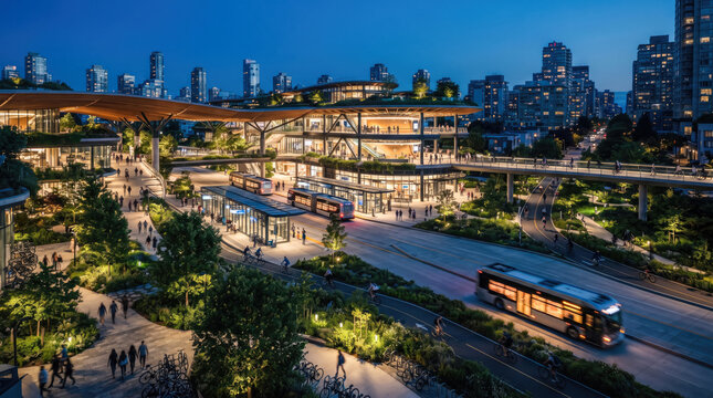 Modern transit hub with elevated walkways and public transportation at twilight in a futuristic city