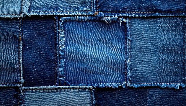 Frayed square blue denim fabric patch with rugged textile texture