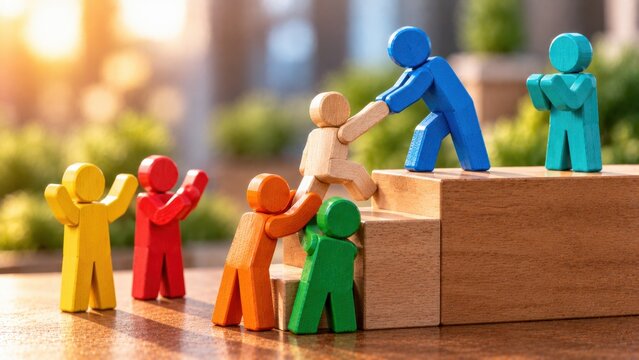 Wooden figures helping colleague climb stairs representing supportive workplace culture mentoring and guidance.