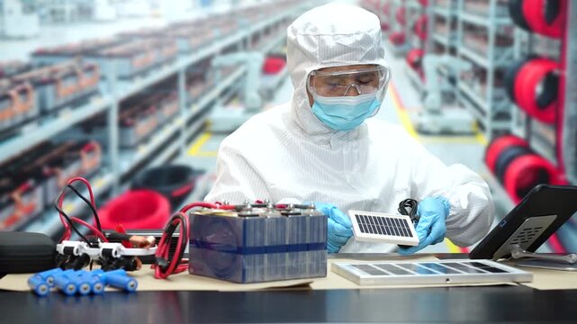 Technician in cleanroom clothing and face mask inspects a battery module at a factory workbench, with electric vehicle battery parts and machinery in the background.