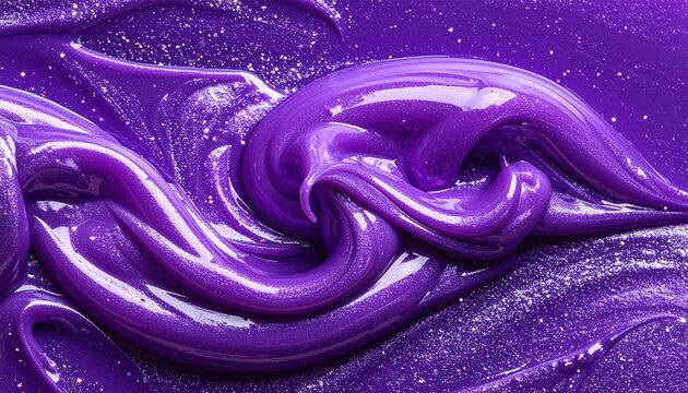Purple glitter slime splash viewed from above with sparkling liquid texture