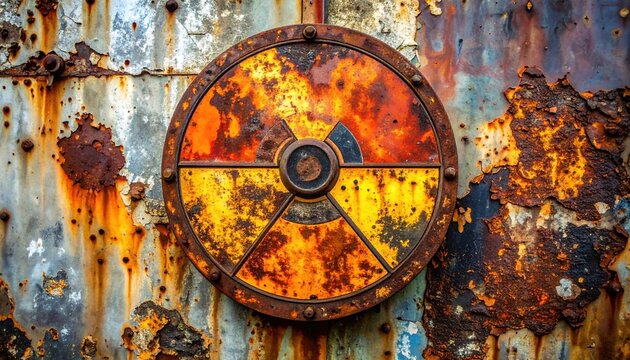 Vintage rusted radiation hazard warning signs with weathered industrial surfaces