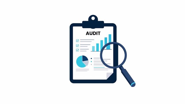 Flat 2D vector animation of an audit report with charts and magnifying glass, financial inspection concept with clean business graphics, alpha channel transparent background.