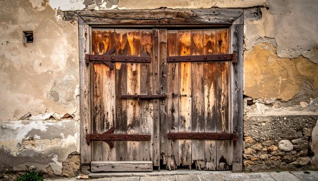 Old rustic wooden door with weathered wood and rusty iron hinges