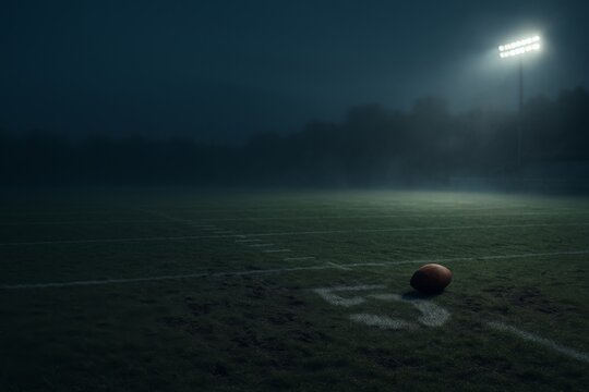 American football field with ball under stadium lights at night, super bowl theme