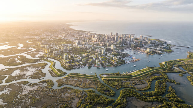 Aerial view of a coastal city with modern harbor and surrounding wetlands at sunset