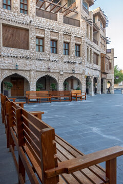 Doha, Qatar - Souq Waqif in Doha, Qatar, showcasing its traditional Qatari architecture, narrow pathways, heritage buildings, shops, and vibrant atmosphere. 