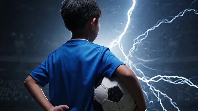 Boy holding soccer ball in stadium with lightning in background during evening