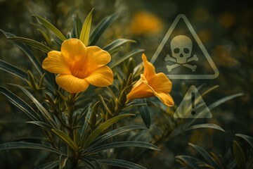 Yellow oleander flowers with toxic warning symbol © dvoevnore