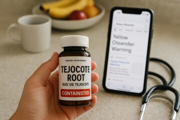 Tejocote root dietary supplement next to yellow oleander warning © dvoevnore