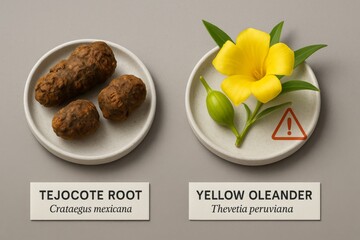 Tejocote root and yellow oleander on plates, toxic substance warning © dvoevnore