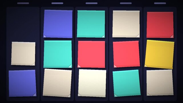 Colorful Sticky Notes Appearing and Shuffling on a Kanban Board Seamless Loop in calm crimson tones
