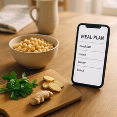 Meal plan displayed on phone with healthy ingredients on wooden table © dvoevnore