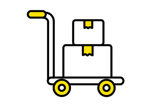 Hand truck icon carrying cardboard boxes in yellow and black