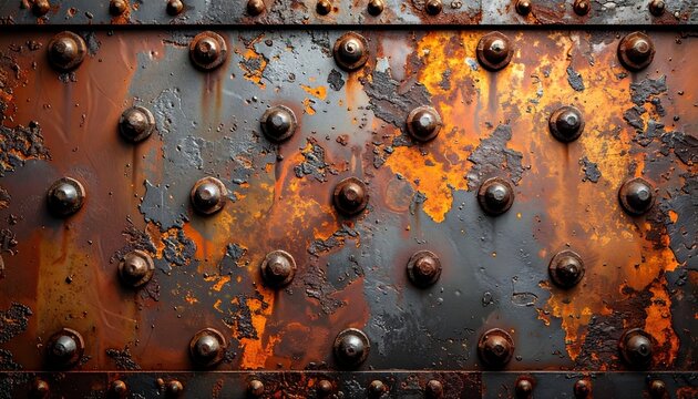 Rusted metal plate with iron rivets and heavy industrial texture