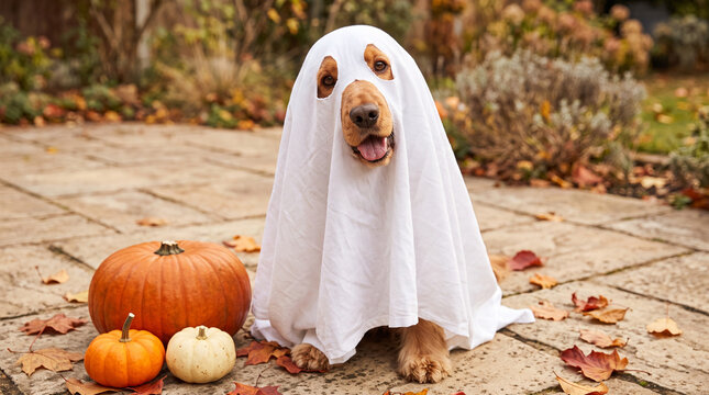 Funny dog wearing a ghost sheet costume sitting with pumpkins, isolated on transparent background, great for cute Halloween party social media posts and graphic projects.
