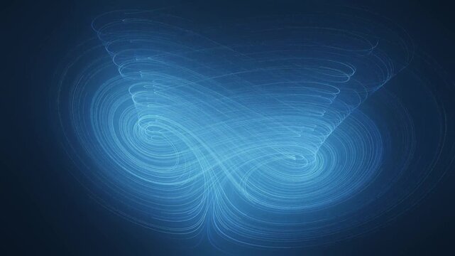 Chaotic Strange Attractor Light Trails Flowing Through Rotating 3D Phase Space seamless loop in vibrant cyan tones