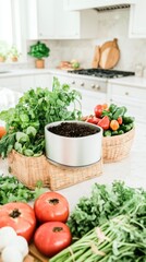 Indoor compost setup with fresh vegetables and herbs on kitchen counter © dvoevnore