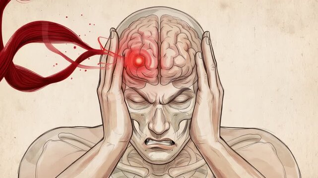 Medical illustration of human brain with highlighted red region, showing headache, migraine, stroke, neurological disorder, healthcare anatomy concept, 4K video