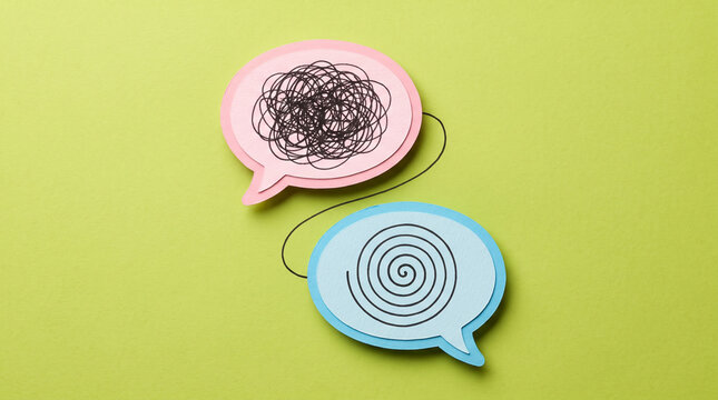 Two speech bubbles illustrate contrasting thought processes during a discussion with thought structures conversation pattern represent differing bubbles tangled lines discussing