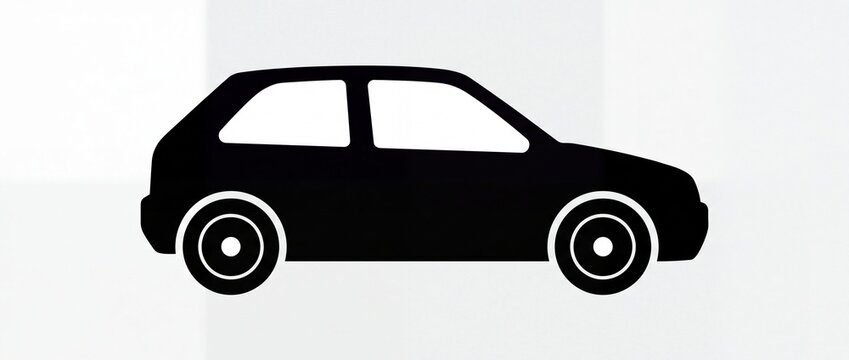 Black silhouette of a hatchback car isolated on a simple plain white background with showcasing minimalist side profile design hatchback vehicle centered centered against clean flat black template