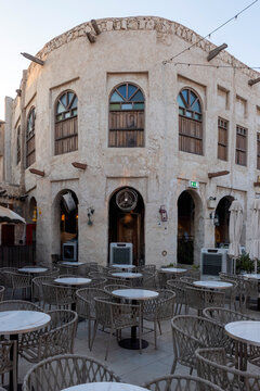 Doha, Qatar - Souq Waqif in Doha, Qatar, showcasing its traditional Qatari architecture, narrow pathways, heritage buildings, shops, and vibrant atmosphere. 