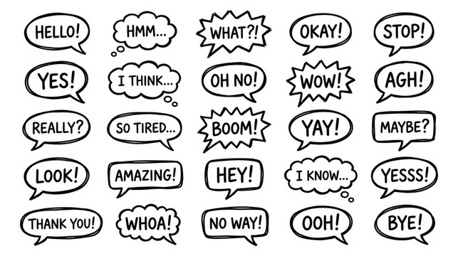 Set of hand drawn speech bubbles with various expressions and exclamations vector illustration.