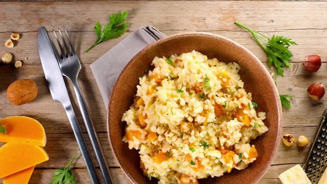 Pumpkin risotto with hazelnut and parmesan on rustic wooden table overhead view