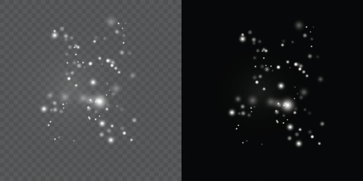 White dust light, blending sparkle, shimmer, glitter across bokeh. Twinkle particle, stardust highlights flare. Magical festive sparks with glare, lens flare illuminate the PNG vector illustration.