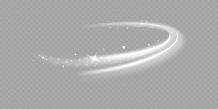 White glowing light trail with sparkles and stardust wave. Curved luminous swirl effect with shining glitter particles isolated on transparent background
