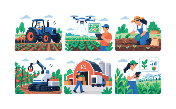 Smart Farming Scenes &mdash; clean editorial illustration set, exactly 6 separate mini scenes in a 3x2 layout: tractor cultivation, drone crop monitoring, farmer planting seeds, robotic harvesting, barn