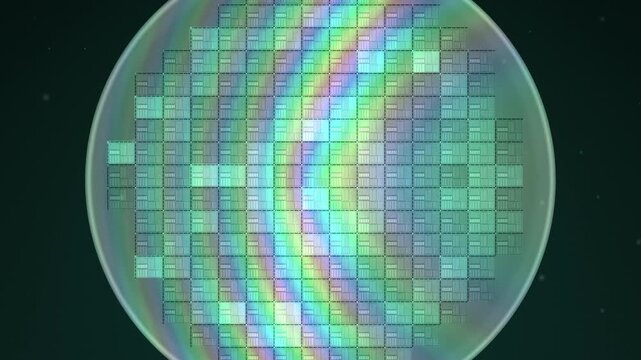 Semiconductor silicon wafer with microchip die grid rotating under inspection light with iridescent rainbow diffraction, seamless loop in cool emerald tones