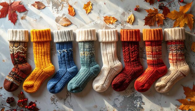Assorted cozy winter wool socks with soft textures and warm seasonal colors