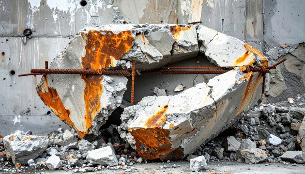 Broken concrete chunk with exposed rusted rebar, construction rubble texture