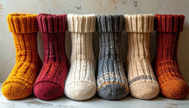 Assorted cozy winter wool socks with soft textures and warm seasonal colors