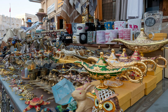 Doha, Qatar - Souq Waqif in Doha, Qatar, showcasing its traditional Qatari architecture, narrow pathways, heritage buildings, shops, and vibrant atmosphere. 