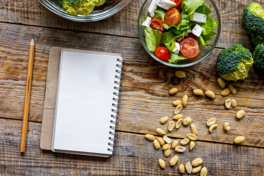 concept diet, slimming plan with vegetables top view mock up