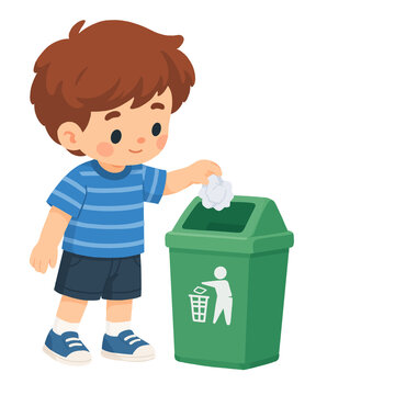 Cute Boy Throwing Trash into a Waste Bin Illustration