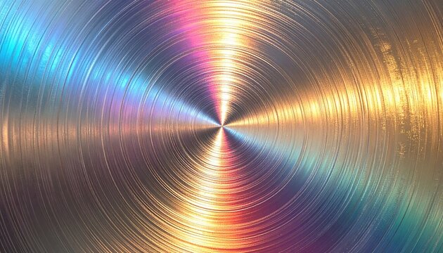 Iridescent circular brushed metal plate with radial texture and shifting rainbow reflections