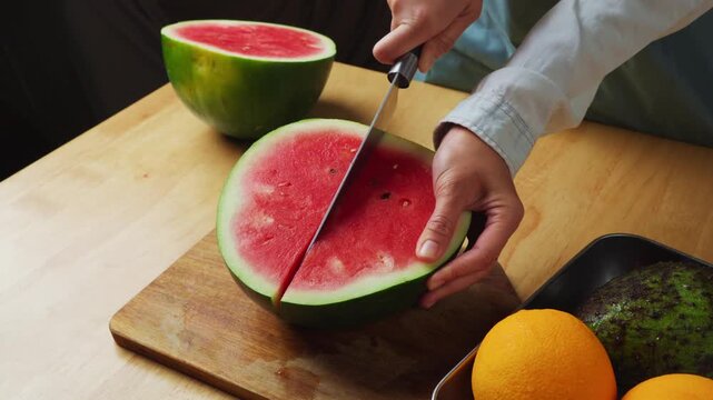 Cutting fresh watermelon into slices on a wooden cutting board