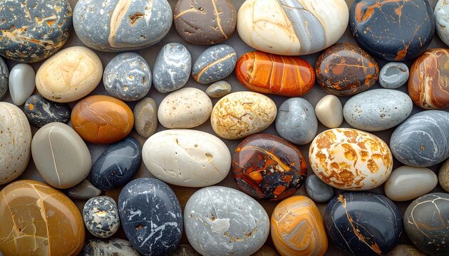 Oval arrangement of smooth rounded natural river pebbles with varied earthy tones