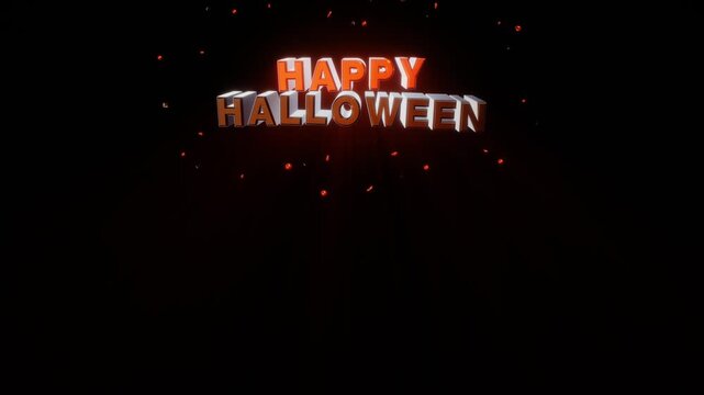 Happy Halloween 3D letters centered at the top hover with drifting amber embers against a pure black background in a festive render