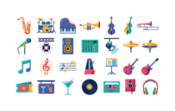 Jazz Music Performance, bright flat vector icon set featuring saxophone, drum set, microphone, piano keys, trumpet, double bass, stage light, music note, speaker and concert ticket, covering jazz