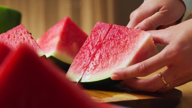 Cutting fresh watermelon into slices on a wooden cutting board