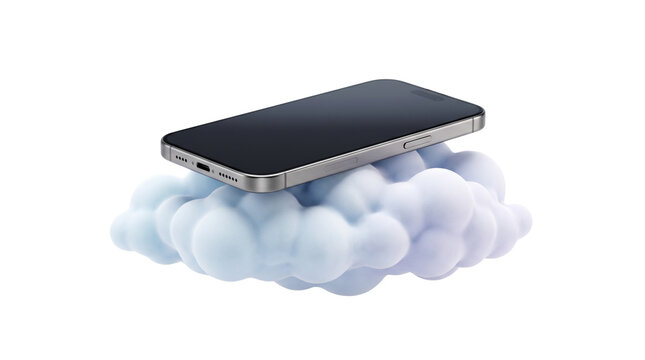 Cloud computing concept with smartphone on fluffy blue cloud, mobile data storage and wireless network technology, digital backup services isolated PNG with Transparent Background