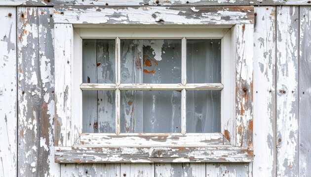 Rustic weathered white window frame with aged paint and vintage character