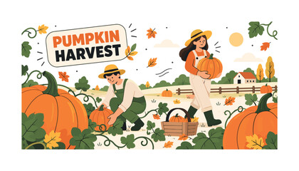 Fototapeta premium Autumn Pumpkin Harvest. Editorial banner scene featuring two oversized pumpkins anchoring opposite lower corners, with two geometric characters harvesting in a simple field, plus curling vines,