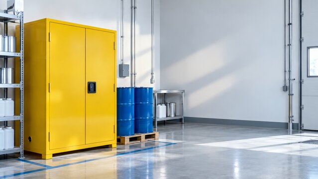 Chemical and Flammable Area Safety, Bright Yellow Flammable Liquid Storage Cabinet in Safe Industrial Area