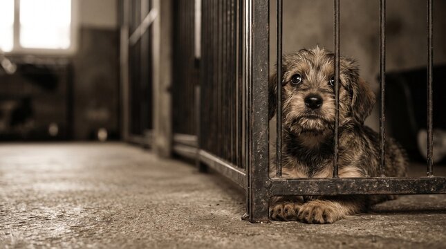 Sad puppy looking through cage bars in animal shelter