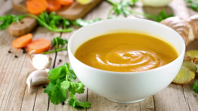 Creamy carrot ginger soup in white bowl on rustic wooden table